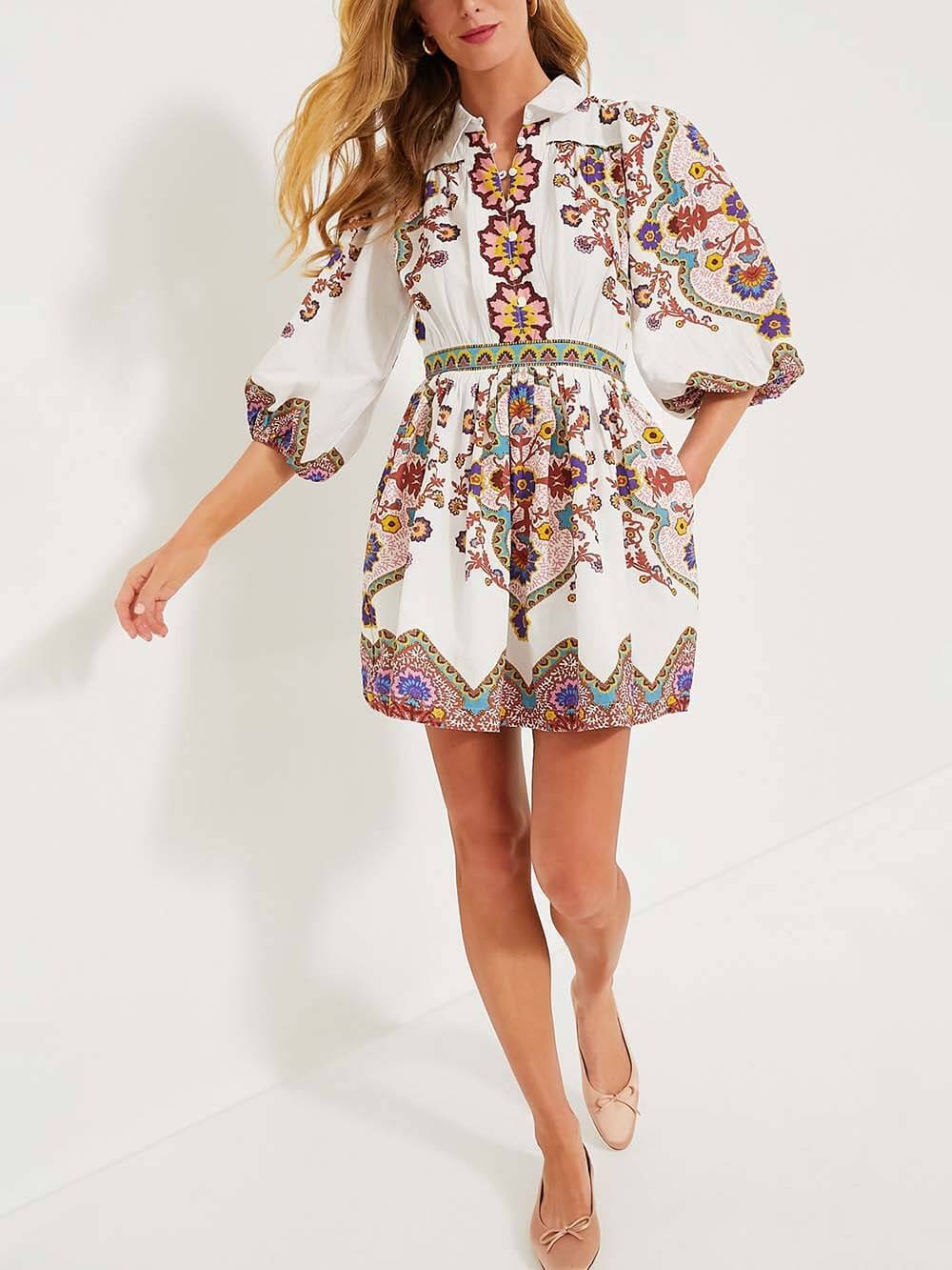 Jenny™ - Unique Print Puff Sleeve Pocketed Shirt Mini Dress