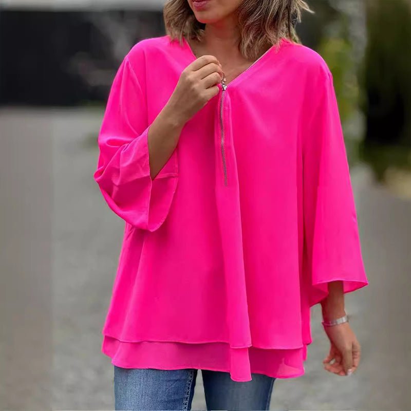 Melanie™ | Chiffon Zipper Top With V-neck