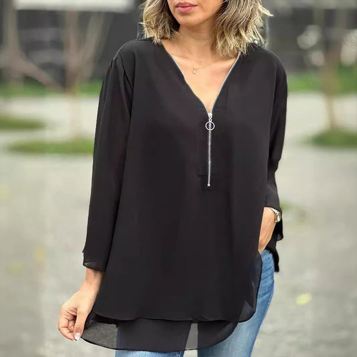 Melanie™ | Chiffon Zipper Top With V-neck